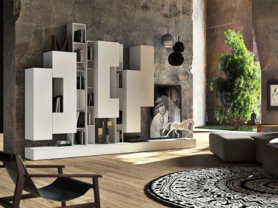 SOGGIORNO BIANCO CON LIBRERIA  NOVITA' ILMA PRODUZIONE MOBILI